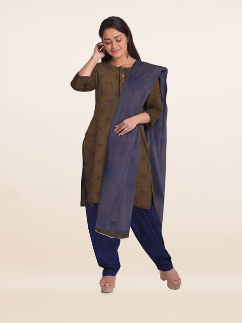 

Pothys Brown & Navy Blue Printed Unstitched Dress Material