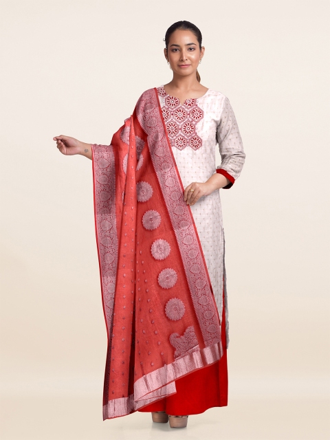 

Pothys Off White & Red Unstitched Dress Material