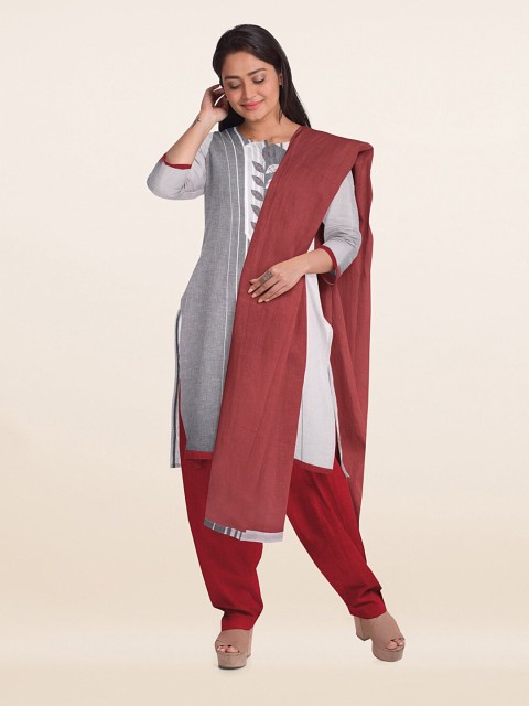 

Pothys White & Maroon Printed Unstitched Dress Material