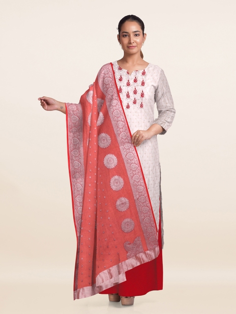 

Pothys Off White & Red Embroidered Unstitched Dress Material