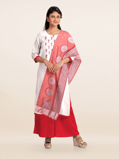 

Pothys Off White & Red Embroidered Unstitched Dress Material