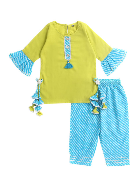 

The Magic Wand Girls Lime Green Leheriya Gotta Patti Pure Cotton Kurti with Dhoti Pants