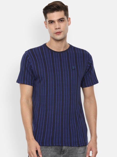 

V Dot Men Navy Blue & Black Striped Slim Fit T-shirt