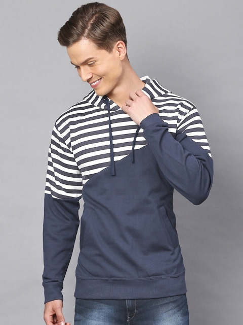 

Campus Sutra Men White& Navy Blue Striped Hooded Sweatshirt