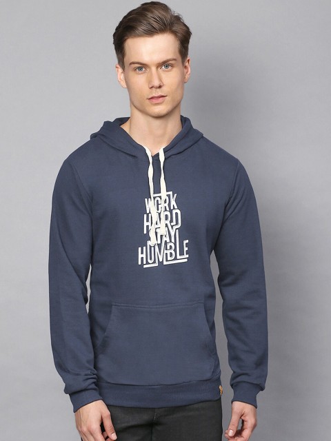 

Campus Sutra Men Navy Blue & White Typography Printed Hooded Sweatshirt