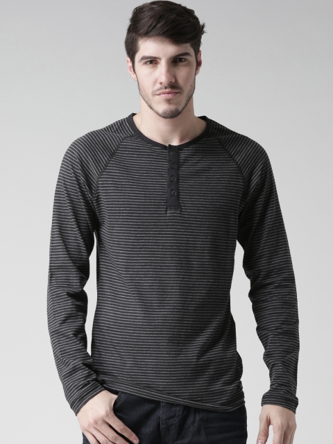 

BLEND Men Black & Grey Striped Henley Neck T-Shirt