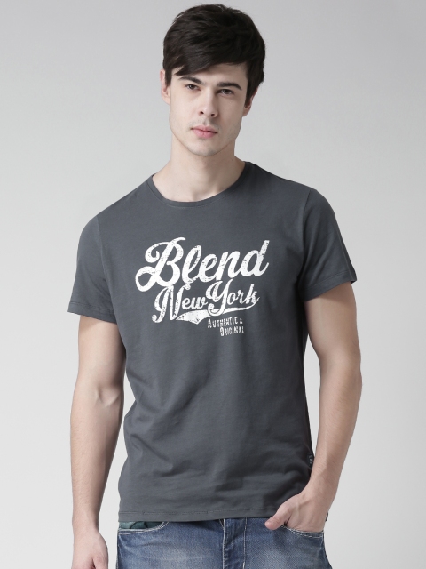 

BLEND Men Grey Printed Slim Round Neck T-Shirt