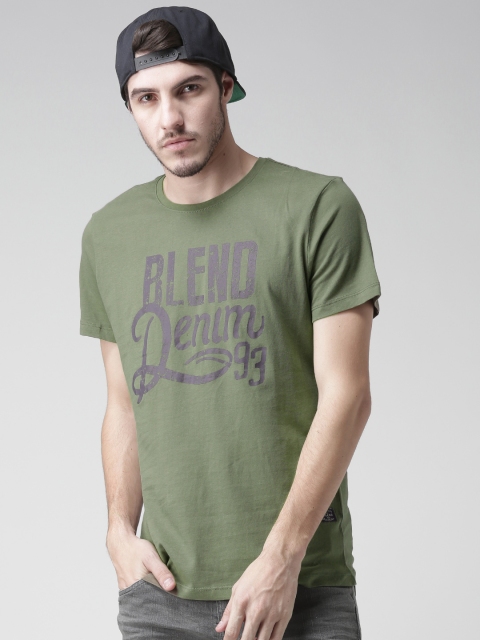

BLEND Men Olive Green Printed Slim Round Neck T-Shirt