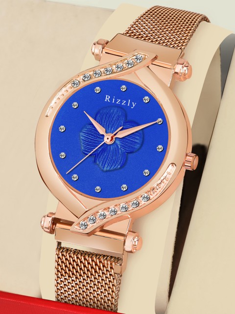 

Rizzly Women Blue Brass Dial Rose Gold Toned Stainless Steel Straps Analogue Watch RZ-141