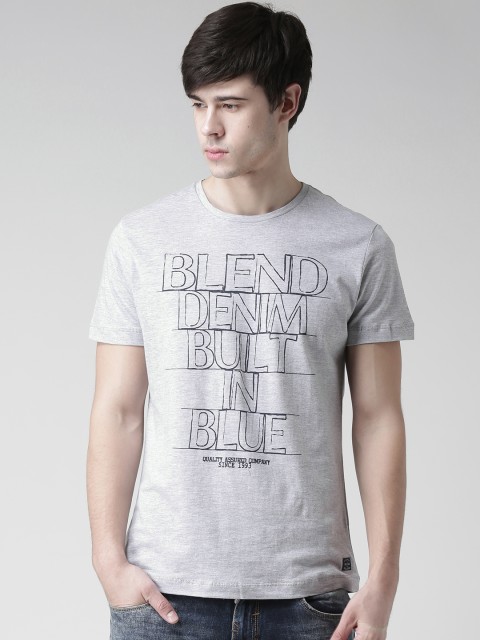 

BLEND Men Grey Melange Printed Round Neck Pure Cotton T-shirt