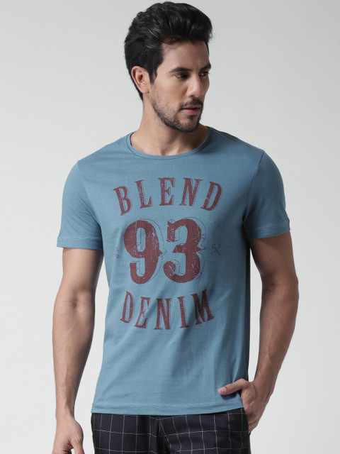 

BLEND Men Blue Printed Slim Round Neck T-Shirt