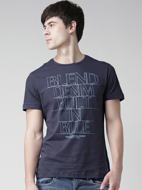 

BLEND Men Navy Printed Slim Round Neck T-Shirt, Navy blue