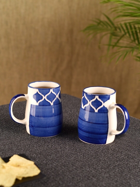 

Unravel India Set of 2 Blue & White Handcrafted Printed Ceramic Glossy Mugs Set