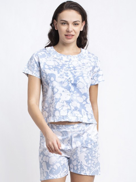 

Claura Women White & Blue Cotton Shorts and Top Loungewear Set