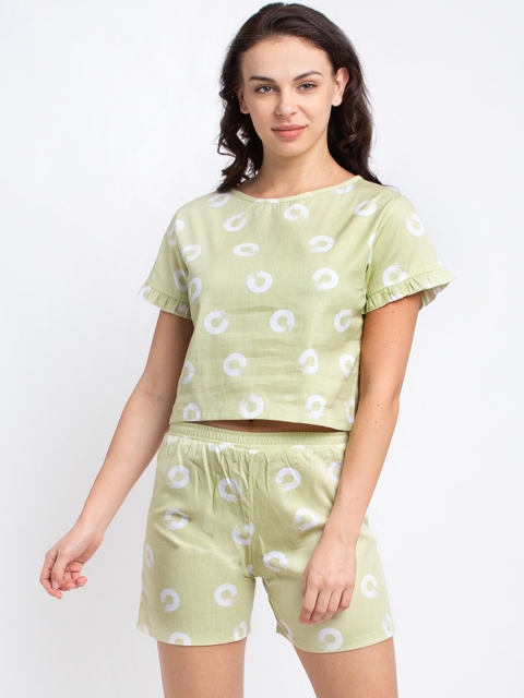 

Claura Women Green & White Cotton Shorts and Top Loungewear Set