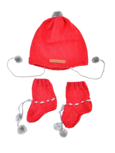 

The Original Knit Unisex Kids Red & Grey Beanie With Booties