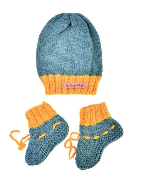 

The Original Knit Unisex Kids Teal & Yellow Colourblocked Beanie With Booties