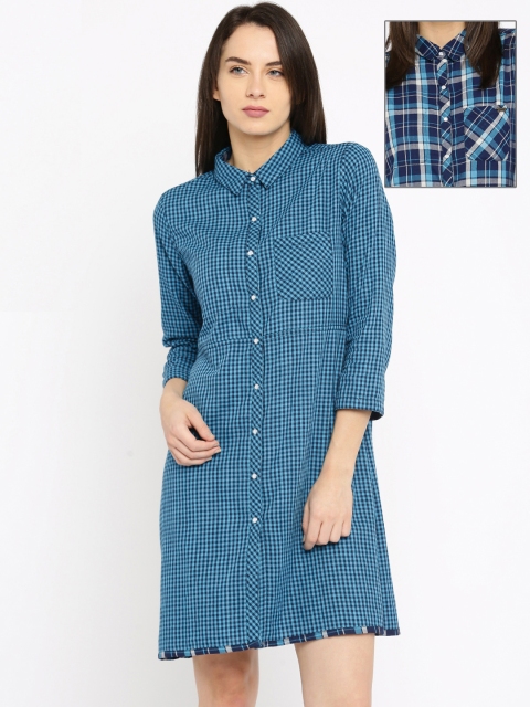 

Roadster Women Blue Checked Reversible A-line Dress