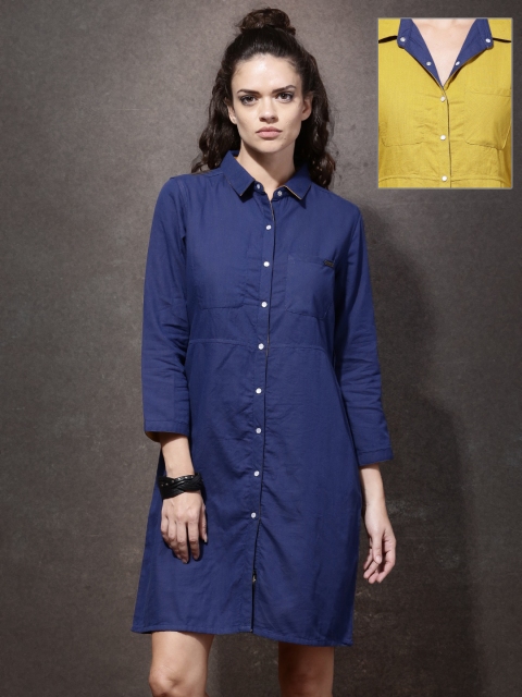 

Roadster Women Navy & Mustard Yellow Reversible Solid Shirt Dress, Navy blue