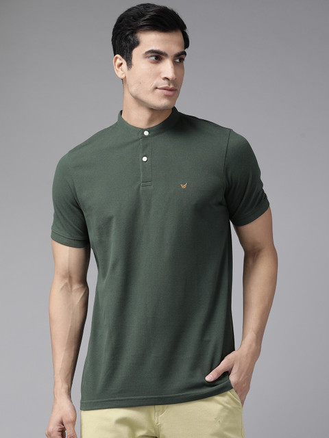 

Blackberrys Men Olive Green Cotton Mandarin Collar T-shirt