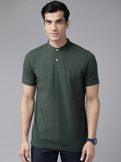 

Blackberrys Men Olive Green Solid Pure Cotton Henley Neck Pure Cotton T-shirt