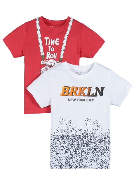 

PLUM TREE Boys Red Off White Pack of 2 Printed Cotton Pure Cotton T-shirt