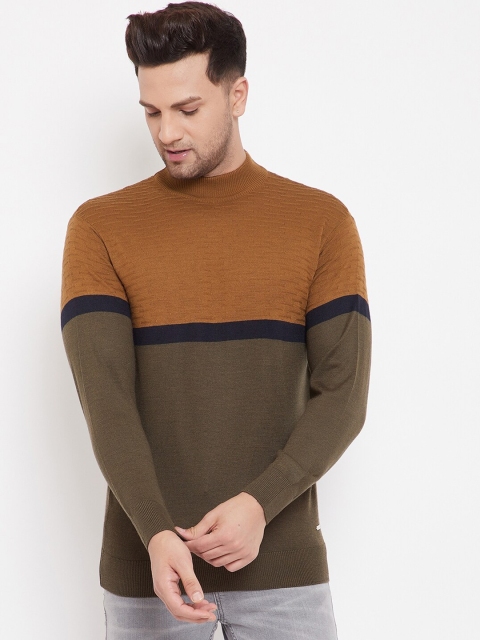 

98 Degree North Men Olive Green & Brown Colourblocked Pullover Sweater