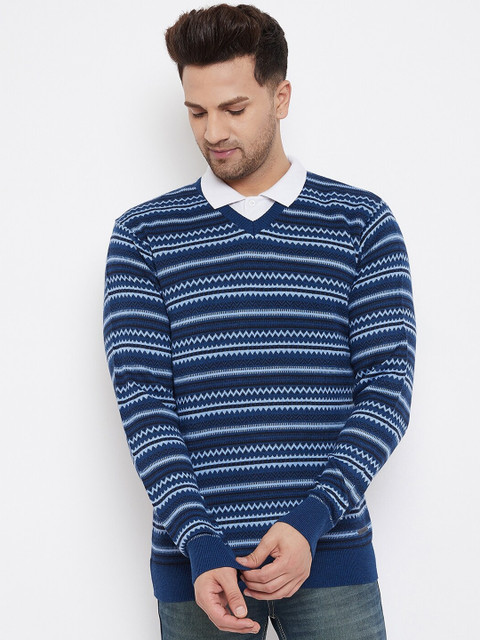 

98 Degree North Men Navy Blue & Black Chevron Striped Pullover Sweater