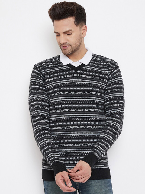 

98 Degree North Men Black & White Chevron Striped Pullover Sweater