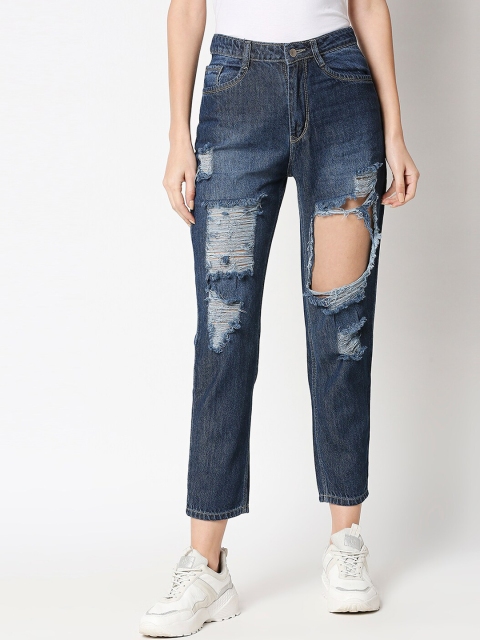 

AMMARZO Women Blue Boyfriend Fit Highly Distressed Heavy Fade Jeans
