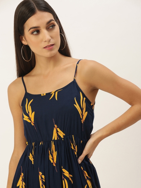 

NEFIS Navy Blue & Yellow Leaf Print Midi Fit & Flare Dress