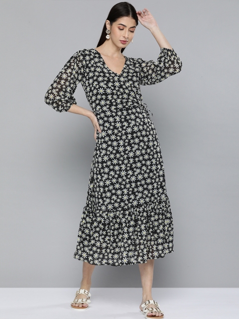 

Kvsfab Women Black & White Floral Georgette A-Line Dress