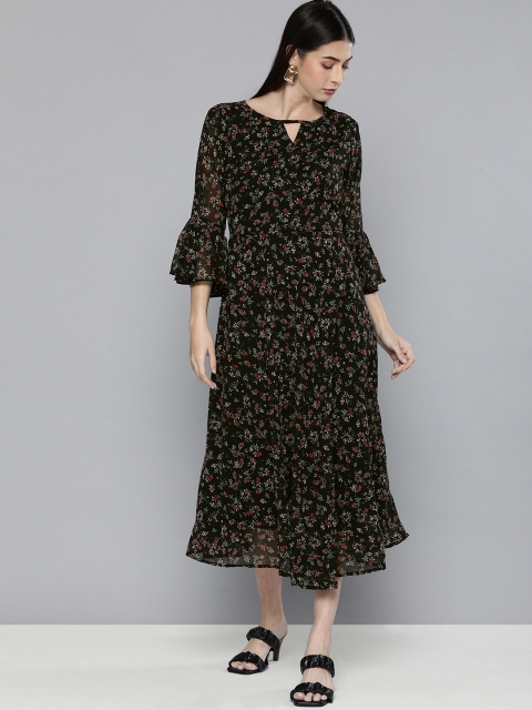 

Kvsfab Women Black Floral Keyhole Neck Georgette Fit & Flare Dress