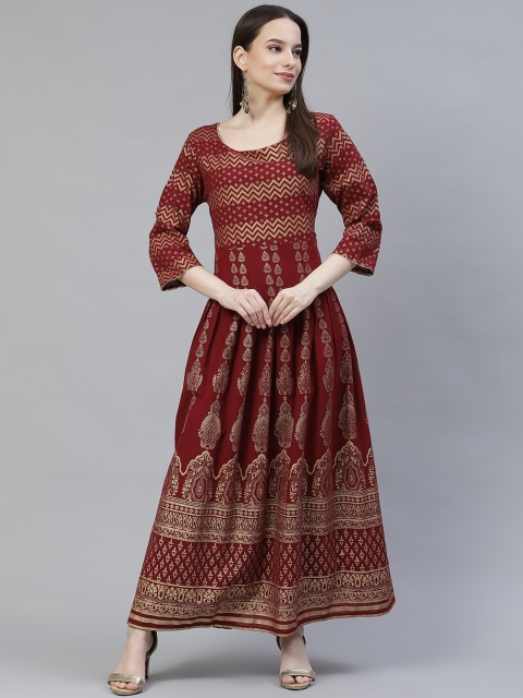 

Meeranshi Maroon & Gold-Toned Ethnic Motifs Maxi Dress