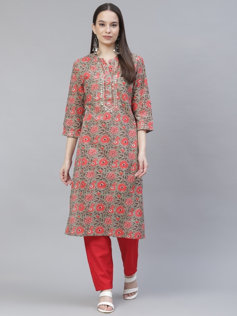 

Meeranshi Women Olive Green & Red Floral Printed Zardozi Floral Kurta