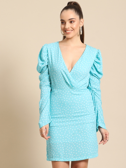 

DODO & MOA Blue & White Polka Dots Print Wrap Puff Sleeves Gathered Crepe Dress