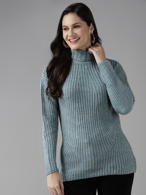 

Cayman Women Blue Self Designed Striped Pullover Sweater