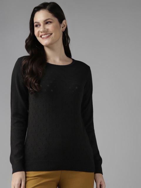 

Cayman Women Black Self Designed Floral Pullover Sweater
