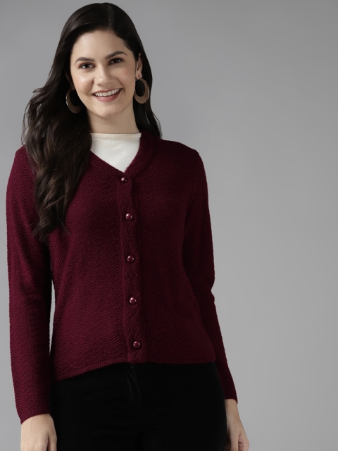 

Cayman Women Maroon Self Designed Chevron Cardigan Sweater