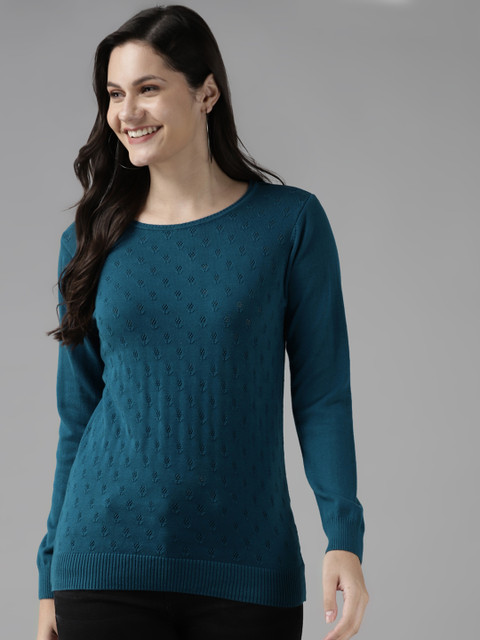

Cayman Women Teal Blue Woollen Floral Design Pullover
