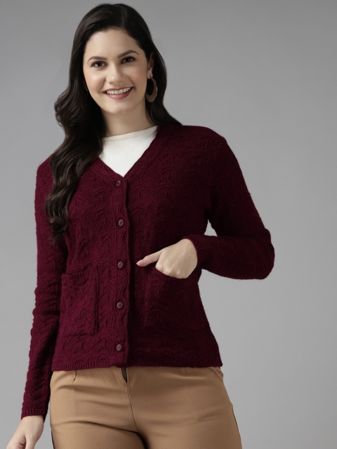 

Cayman Women Maroon Woollen Self Design Cardigan