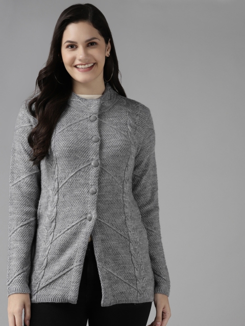 

Cayman Women Grey Melange Cable Knit Woollen Cardigan