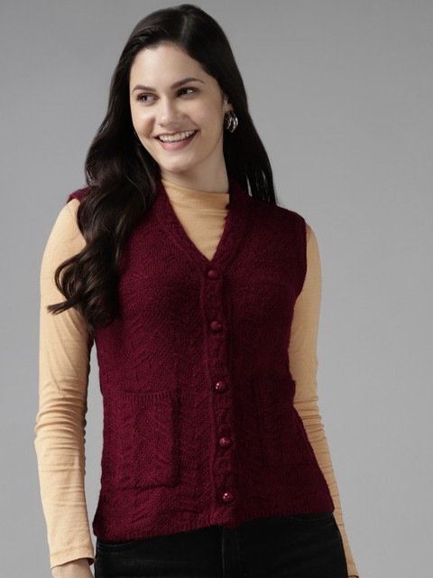 

Cayman Women Maroon Self Design Pocket Cardigan