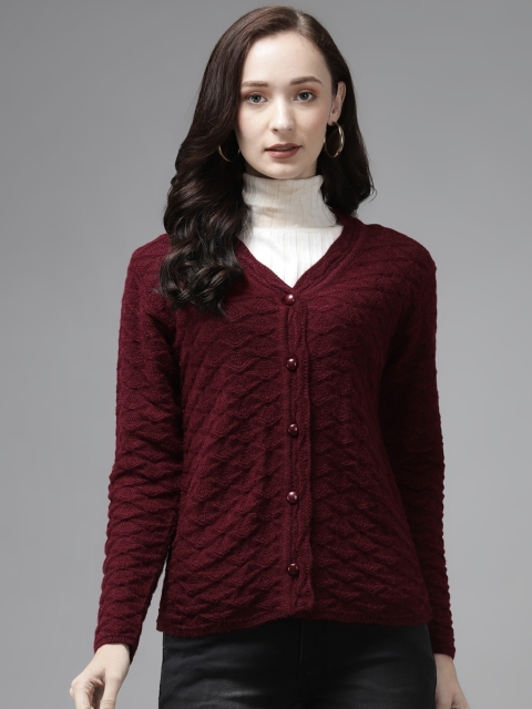 

Cayman Women Maroon Self Designed Cardigan Sweater