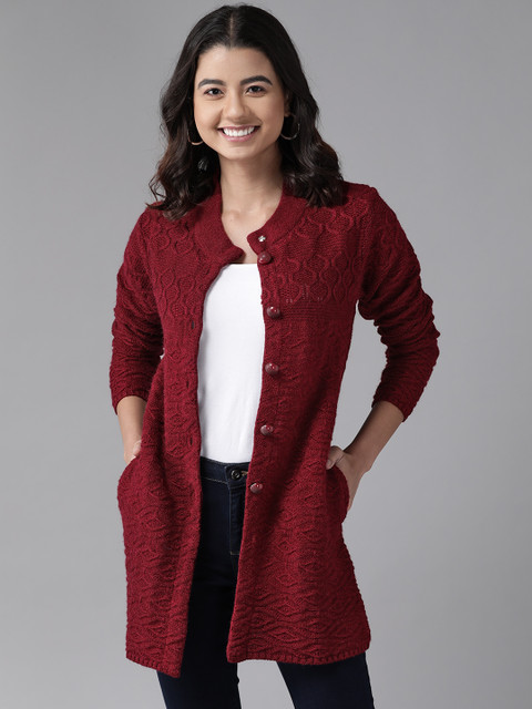 

Cayman Women Maroon Cable Knit Longline Woollen Cardigan