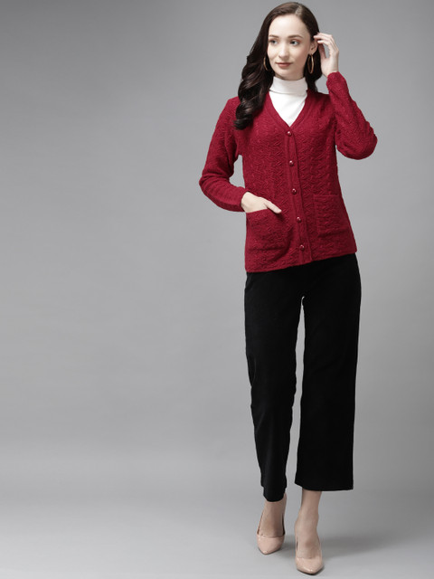 

Cayman Women Maroon Woven Design Cardigan