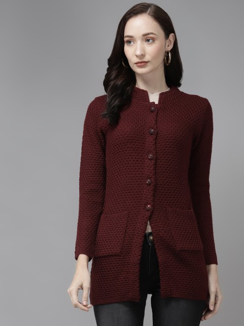 

Cayman Women Maroon Woollen Self-Design Longline Cardigan