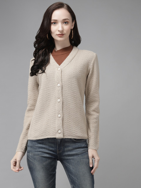 

Cayman Women Beige Woollen Self Design Cardigan