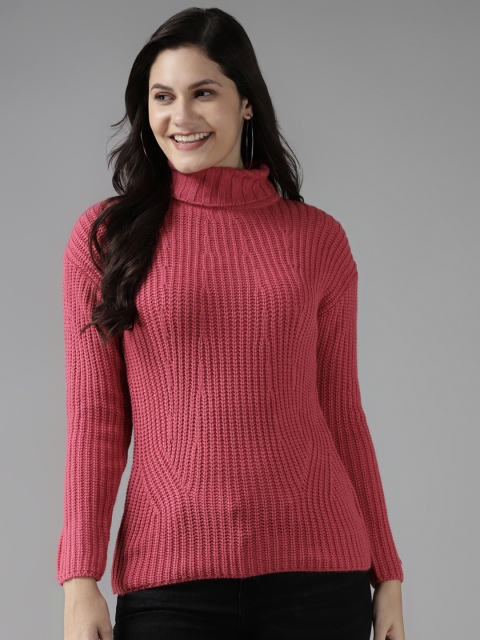 

Cayman Women Pink Self Designed Striped Pullover Sweater
