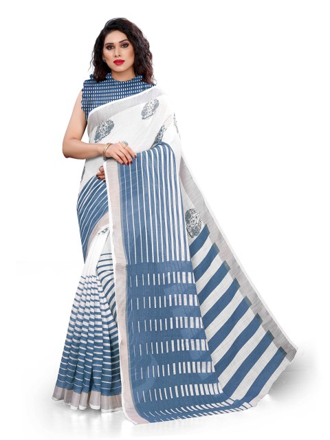 

KALINI White & Blue Striped Zari Linen Blend Saree